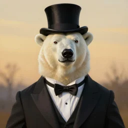 portrait painting of a polar bear dressed with a tuxedo and a top hat, with a smirk and snobby disapproving look. art by william adolphe bouguereau. during golden hour. extremely detailed. beautiful. 4 k. award - winning
