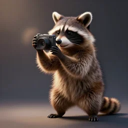 a hyperrealistic 3 d octane render of a raccoon taking a photograph, photorealism, unreal engine, dramatic lighting, volumetric lighting, uplighting