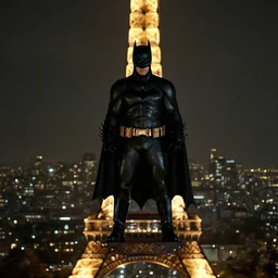 batman on top of the eiffel tower overlooking paris at night, 4 k, the dark knight ( 2 0 0 8 ), sharp focus, screencap, highly detailed, christopher nolan, cinematic, film footage