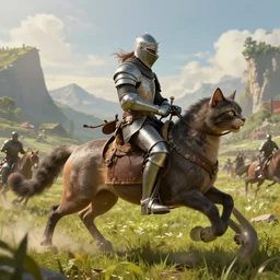 a knight riding a cat in battle, digital art, landscape, fantasy art, octane render, ureal engine, high detail, very realistic, by greg rutkowski. by james gurney