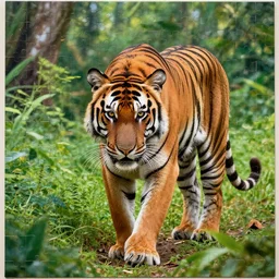 a tiger walking through a lush green forest, a jigsaw puzzle by paul emmert, shutterstock contest winner, sumatraism, sharp focus, majestic, creative commons attribution