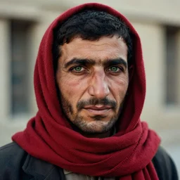 portrait of stavros halkias as afghan man, green eyes and red scarf looking intently, photograph by steve mccurry