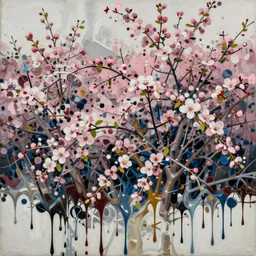 a riotous display of dense blossoming overgrowth, oil drip painting in the style of John Hoyland, rendered in octane 4k photorealistic, subsurface scattering