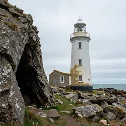 standalone lighthouse in england 1 9 century, half - ruined, covered by mold, staying in 2 kilometers far from a coast, opposite the dark cave - crack of giant rocks. when you see this lighthouse it makes you anxious. deep ones is living under this. view from sea, and view from the coast, by greg rutkowski