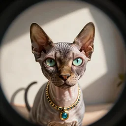 close-up of alien looking Egyptian sphynx cat looking at camera, fisheye effect