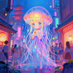 jellyfish fairy princess in the streets of japan, chibi cute anime scenery, sci - fi futuristic utopia scene | a concept of melancholic euphoric heartshine in the crush of oblivion. the vibrancy of nouveau is gilded with hollow - wishes. trending on artstation. vivid neon ink painting. trending on artstation and pixiv. a vibrant digital oil painting. a highly detailed fantasy character illustration by wayne reynolds and charles monet and gustave dore and carl critchlow and bram sels
