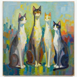 contemporary semi abstract acrylic painting of really tall sitting wild cats by makoto shinkai, by eduardo kobra, kessler art, thick brush strokes and visible paint layers, multicolor color scheme