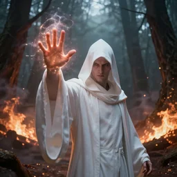 cinematic shot, white hooded mage ( spectre ) hand raised in the foreground, magic ultimating, dead forest background, fire and smokes, dystopian, 8 k, atmospheric, realistic, by ivan aivazovsky peter mohrbacher greg rutkowski, volumetric light, rimlight, fantasy art, sci - fi art, details visible, unreal engine, octane render