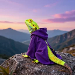 a lizard in a wizard cloak, wide angle image, mountain background landscape, beautiful sky, fluorescent light, product photography, bright colors, by bastien lecouffe - deharme