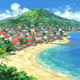 Fantasy tropical port town view from the beach. hidari, color page, tankoban, 4K, tone mapping, Akihiko Yoshida.