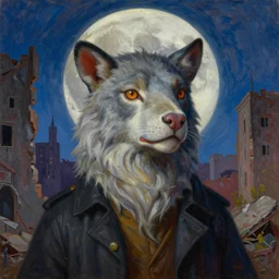 bright dramatic lighting colorful oil painting titled'with the dead moon in its jaws ', magical realism symbolist, portrait of hybrid animal protagonist in a ruined city, highly detailed, painted by grant wood and rene magritte, shocking detail trending on artstation 8 k