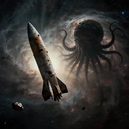 a derelict rocket floating on the edge of a dark nebula! a giant tentacled monster!!, debris rocks metal, silhouette, close up, crepuscular rays, dramatic lighting, cinematic, science fiction, 1 9 7 0 s alien, spooky, moody, octane render 4 k