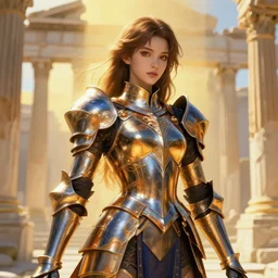portrait light brown hair knights of zodiac girl, metalic orange and dark blue reflected armor, in ruined agora of athens, ssci - fi, fantasy, intricate, very very beautiful, elegant, golden light, highly detailed, digital painting, artstation, concept art, smooth, sharp focus, illustration, art by tian zi and wlop and alphonse mucha