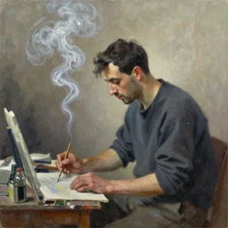 An impressionist oil painting of a man working, smoke is coming out of the head
