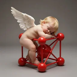 soft color studio photograph of a one - year - old blond, straight - haired winged angel, from the back, unclothed, sleeping with his head resting on a large cubic molecule with atoms at the corners, of red plastic, soft lighting, in the style of anne geddes