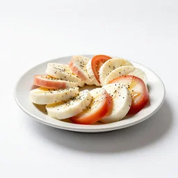 vintage caprese salad, commercial catalog photo, isolated on a pure white background, centered, entire object in frame, sharp focus, soft studio lighting