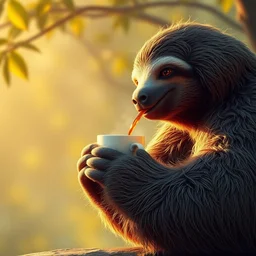a photo of a giant sloth drinking a cup of coffee in the dawn light