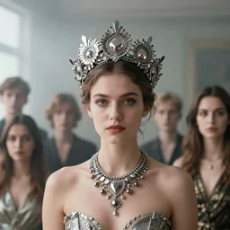 a stunning portrait of an beautiful woman wearing a fractal crown and necklace in a foggy room, by katsura masakazu, alessio albi, ilya kuvshinov, nina masic, soft focus, vertical portrait, natural lighting, f 2, 5 0 mm, classic chrome, film grain, cinematic lighting