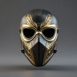 armoured facemask, with intricate carving details in black and gold, ultra realistic, octane render, 8 k, hd, realistic lighting