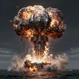 atomic bomb expoding over a body of water, cyberpunk doomsday weapon, no survivors, fantasy concept art, hyper realistic illustration, symetrical complex fine detail, 8 k, sinister, artstation, octane render,