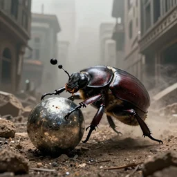 a giant dung beetle pushing a metallic orb through the wastes of an ancient city, photorealistic, ultra detailed, eerie lighting, foggy, deep shadows, 4 k,