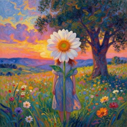 girl with a giant flower instead of face, surreal photography, dream, standing in flower field, hills, big trees, sunrise dramatic light, impressionist painting, colorful clouds, digital painting, pointillism, artstation, simon stalenhag, flower face