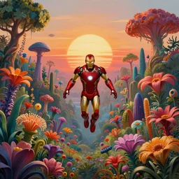 flying ironman in the centre of composition, sunrise in alien planet, full of vegetation, stunning garden of alien flowers, colourful plants, trees, vibrant colours, beautiful matte painting, dreamy, high detail, matte painting, artstation, in the style of martin johnson heade and roger dean