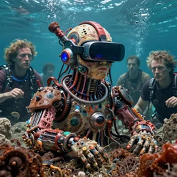 junky underwater, luminosity, cybertronic gadgets and vr helmet, flesh + technology, durty colours, long shot, rotten textures, rusty shapes, biotechnology, norman rockwell, tim hildebrandt, dariusz zawadzki, bruce pennington, larry elmore, hyperrealistic matte painting, deep depth field, masterpiece, cinematic composition, hyper - detailed, hd, hdr
