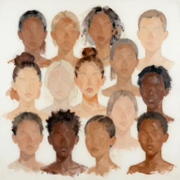 a messy painting of various skin tones