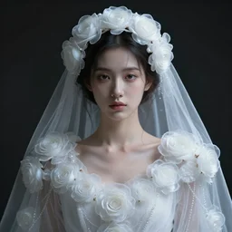 hight focus f - 2 2, 8 5 mm, iso 1 0 0 : a wonderful realistic focused portrait of a lonely woman with a detailed wonderful symmetrical face who is dressed with a wonderful, majestic, large semi transparent white cotton dress ornate with semi transparent cotton roses and semi transparent white veils, accent white lighting, dramatic light, octane render by roberto ferri, fantasy art, - 8 k