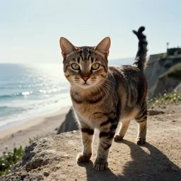 a cat standing on a cliff overlooking a beach. hyper realistic and anamorphic 2 0 1 0 s movie still of giovanni falcone, by paolo sorrentino, leica sl 2 3 0 mm, beautiful color, high quality, high textured, lens flare, refined face and muzzle.