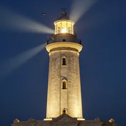 Detailed Exterior Shot of The Gleaming Marble Lighthouse of Alexandria, light of god, light shafts, flock of birds, stunning atmosphere, in Style of Peter Mohrbacher, cinematic lighting
