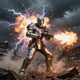 human covered in light and explosions electricity shellshock devices, flamethrower, lightning blast, shiny steel armor, dust particles, covered in dust, grind, rocks, dark clouds, rainy