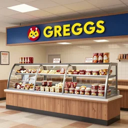 interior of a greggs bakery selling mre field rations during a famine, promotional photograph, color, 4 k