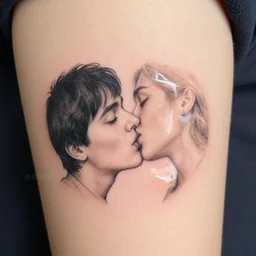 the first kiss, tattoo, glossy, squishy, in a symbolic and meaningful style
