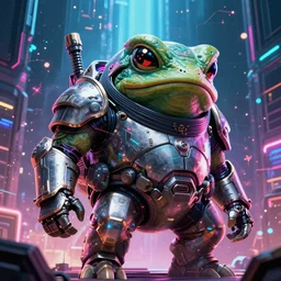 a wide shot, photo of a huge jedi humanoid toad-man , in a heavy futuristic armour without a helmet, toad head, hyper realistic, hyper detailed, coherent photo, trending on artstation, cyberpunk, Japanese style, volumetric lightning, neon, electric colours, Cinematic, Dramatic, Film Grain, Kodak Portra, Depth of Field