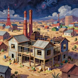 a beautiful detailed illustration of village industrial architecture unfinished building by david hockney, uv light universe studio ghibli bladerunner 2 0 4 9 tokyo tundra, archdaily, wallpaper, highly detailed, trending on artstation.