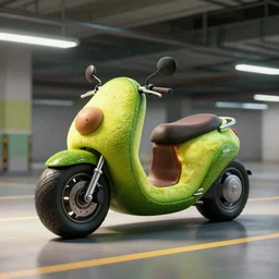 a motorbike in the shape an avocado!, vehicle concept photo!!, 8k!!,amazing quality!!! Unreal engine 5!!! Studio lighting!!! Cinema 4D!! Parking garage lighting! Real life picture!!