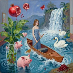 emo girl in her apartment, a river flooding inside, pigs, plants in glass vase, pork, water, river, rapids, canoe, pomegranate, berries dripping, waterfall, swans, acrylic on canvas, surrealist, by magritte and monet