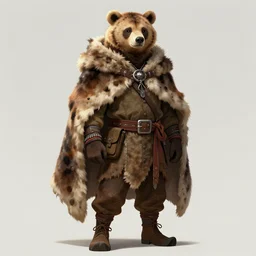 character portrait of a shaman wearing a bearskin cloak and travel clothes. D&D character art.
