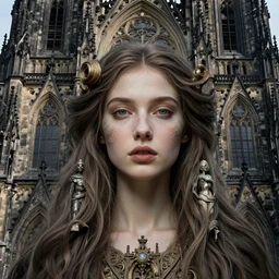 hyperrealistic detailed face portrait of a beautiful long haired young goddess morphing into a gothic cathedral, authentic ornamental architecture, art by ernst haeckel, android jones, h. r. giger, gothic, neo - gothic, heavily ornamental,