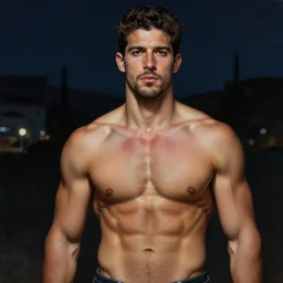 portrait of a fit spanish male, extreme fine detail background, night, highly detailed, high quality, digital painting, hyperrealistic, by gaston bussiere, j. c. leyendecker, craig mullins
