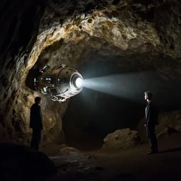 teleportation machine in a dark cave, light shining from the machine and illuminating the rock formations by marek okon and zack snyder