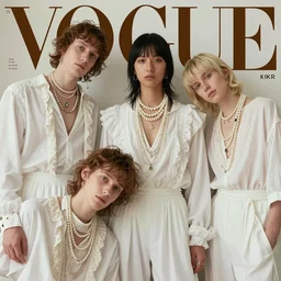 detailed photo, kitsch fashion, androgynous people in white clothes, new age, vogue, 4 k, 8 k, fashion photo, fashion magazine