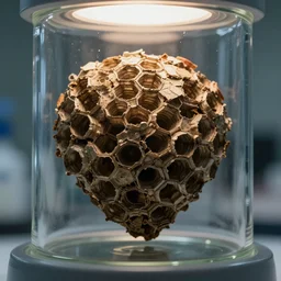 cracked wasp nest trapped in an glass container in a lab, great light, cinematic light, amazing, beautifull, sci fi, futuristic, macro shot