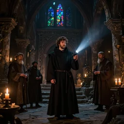 jesse eisenberg as an enigmatic medieval christian ( ( monk ) ) in a dark underground city. dark shadows, colorful, candle light, law contrasts, ( ( flash light ) ) ) fantasy concept art by jakub rozalski, jan matejko, and j. dickenson