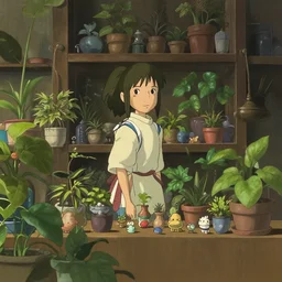 room full of plants and little objects, screenshot from spirited away (2002)