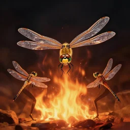 dragonflies dancing around a fire, franz vohwinkel, 8 k resolution, dramatic lighting, cinematic, detailed, animated