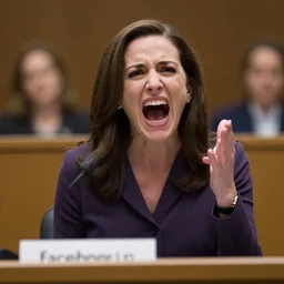 Movie still of a furious, screaming Sheryl Sandberg testifying in court in Facebook The Movie (2017), directed by Steven Spielberg