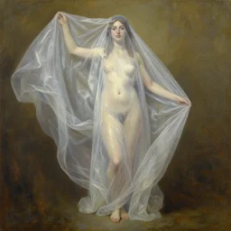 loose painting of a pinup veiled girl covered in translucent flowing dress, endless flowing ethereal drapery, classical greece, alla prima, oil painting, by giovanni strazza, sargent and raffaelo monti, arranged in the golden ratio, epic composition, face fully visible, trending in artstation